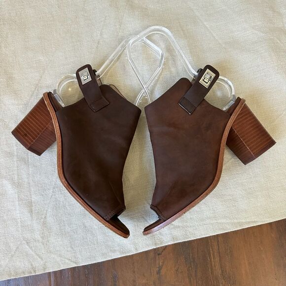 MATT BERNSON Peep Toe Open Heel Ankle Strap Booties Espresso Nubuck Leather - Picture 3 of 9